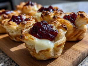 Close-up of baked cranberry brie bites made with flaky pastry, melted brie cheese, and dark red cranberry topping.
