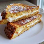 Two halves of golden brown cream cheese stuffed french toast stacked on a white plate, dusted with powdered sugar.
