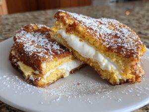 Two halves of golden brown cream cheese stuffed french toast dusted with powdered sugar.