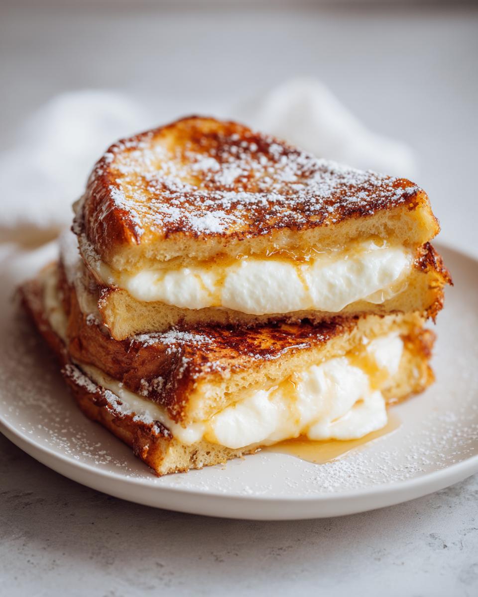 Two halves of golden brown cream cheese stuffed french toast stacked on a white plate, drizzled with syrup.