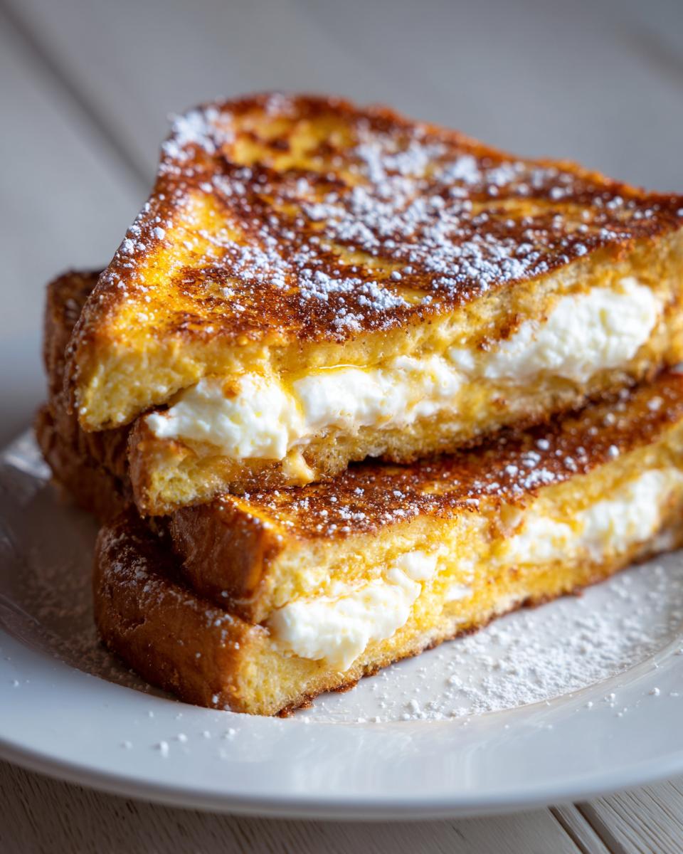 Two halves of cream cheese stuffed french toast stacked, dusted with powdered sugar.