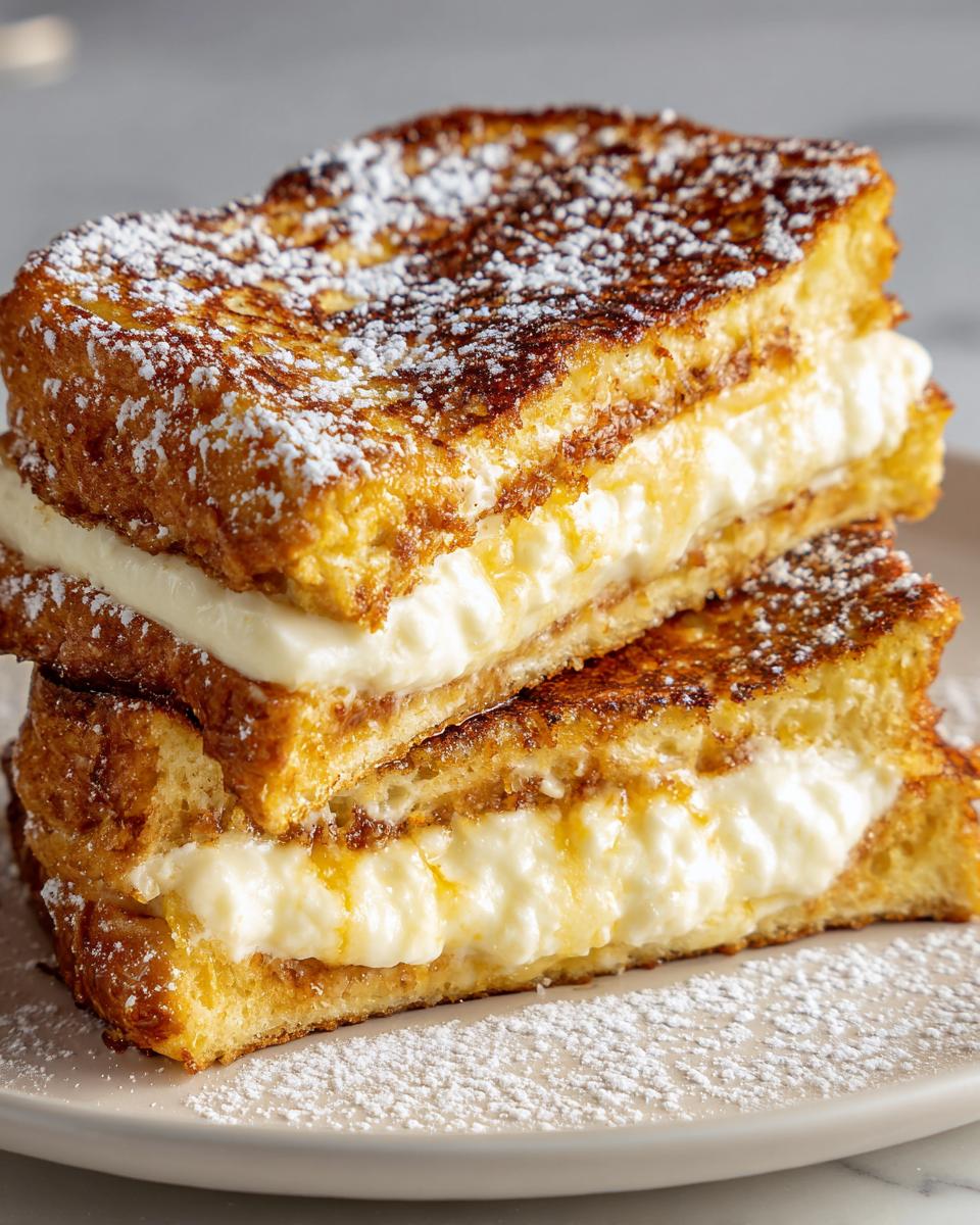 Two halves of golden brown cream cheese stuffed french toast stacked and dusted with powdered sugar.