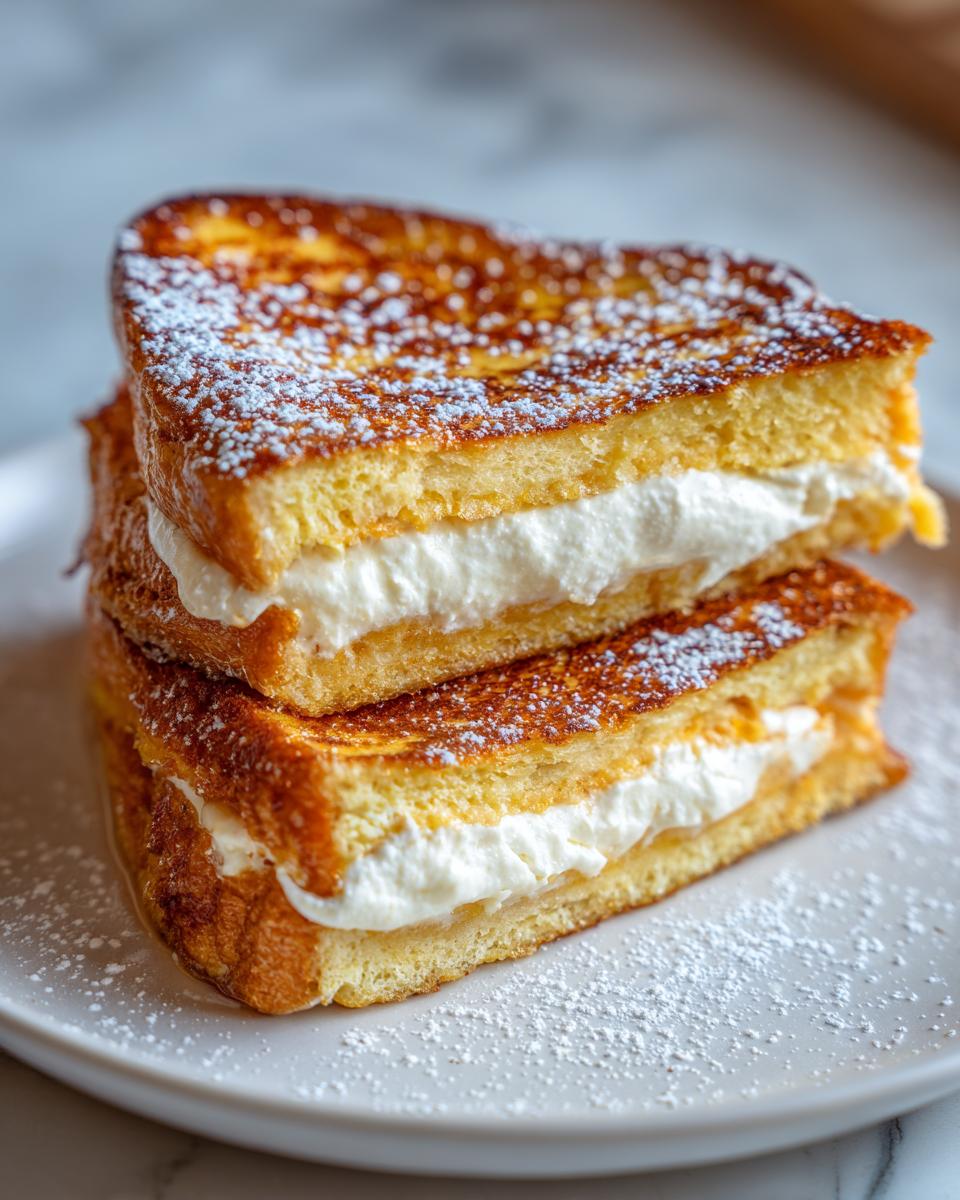 Two slices of golden brown cream cheese stuffed french toast stacked and dusted with powdered sugar.