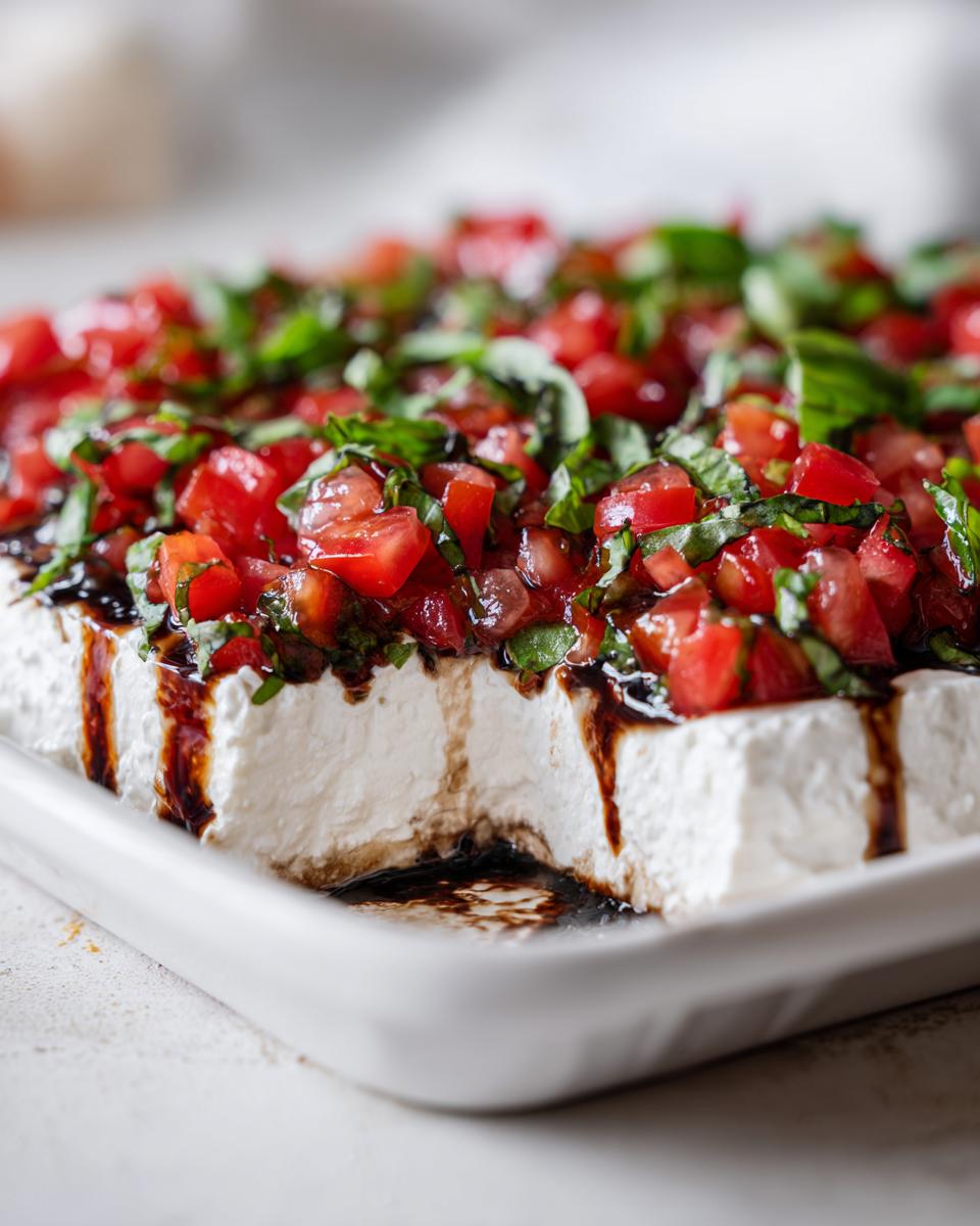 Close-up of a block of creamy bruschetta dip topped with diced tomatoes, basil, and balsamic glaze.