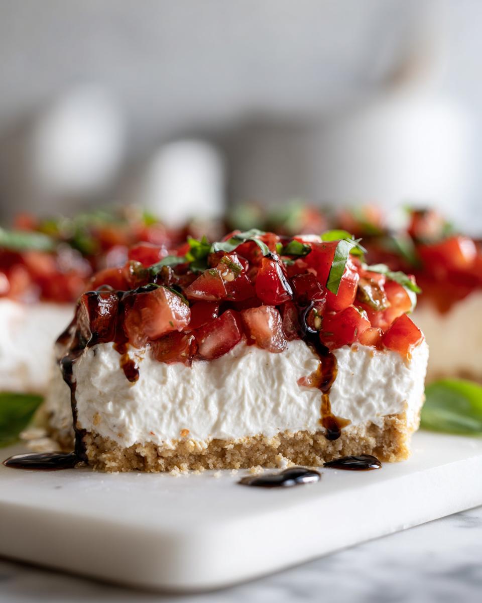 Close-up of a slice of creamy bruschetta dip on a crust, topped with diced tomatoes and balsamic glaze.