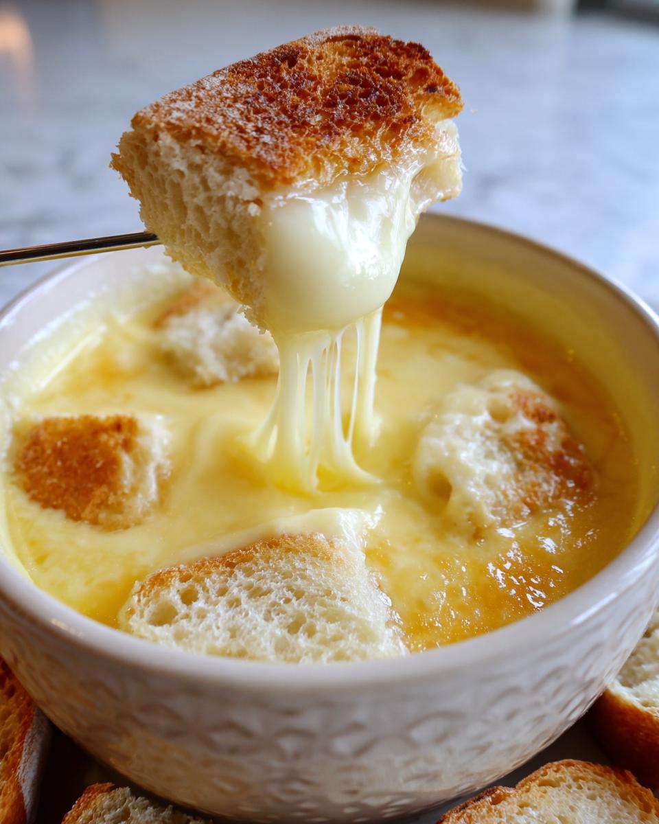 A piece of toasted bread being pulled from a bowl of creamy cheese fondue recipe, showing long cheese strings.
