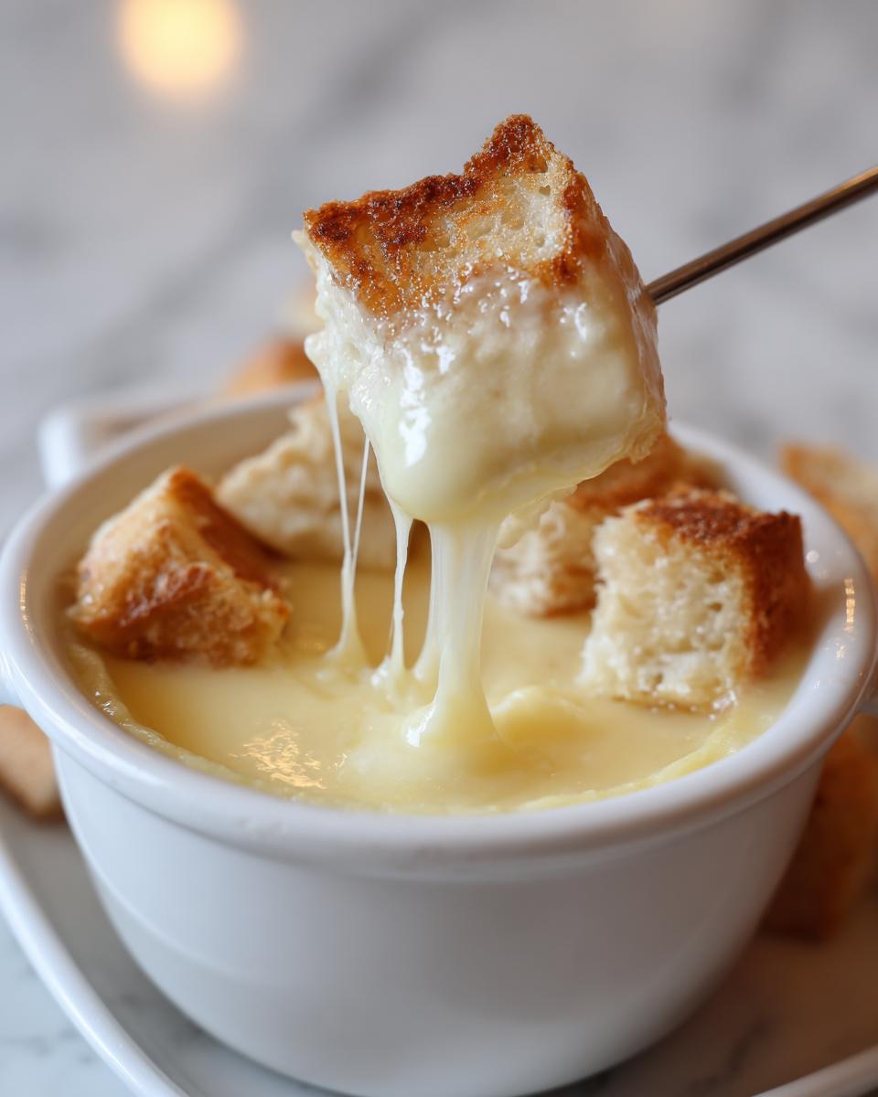 A piece of toasted bread is lifted from a white bowl filled with creamy cheese fondue recipe, showing long cheese pulls.