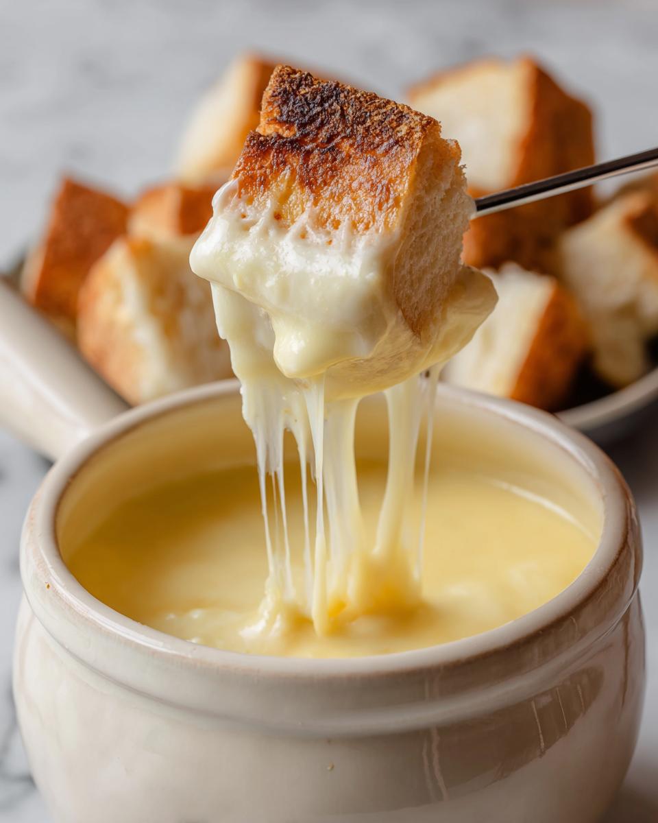 Close-up of toasted bread being dipped into a pot of creamy cheese fondue, showing long cheese pulls.