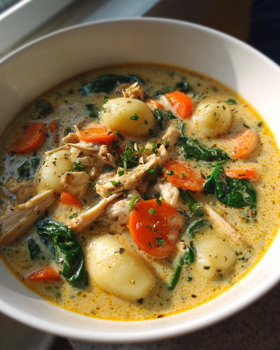 Close-up of a creamy chicken gnocchi soup bowl, featuring soft gnocchi, shredded chicken, carrots, and spinach.