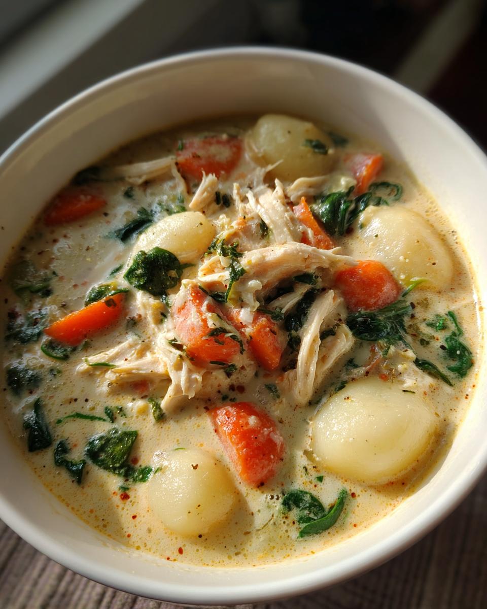 Close-up of a bowl of creamy chicken gnocchi soup featuring tender gnocchi, shredded chicken, carrots, and spinach.