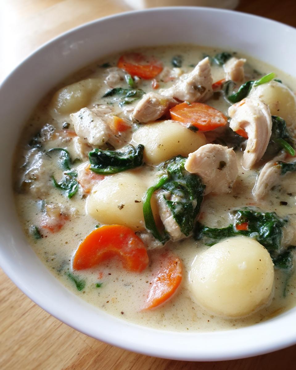 Close-up of creamy chicken gnocchi soup featuring tender gnocchi, shredded chicken, bright carrots, and wilted spinach.