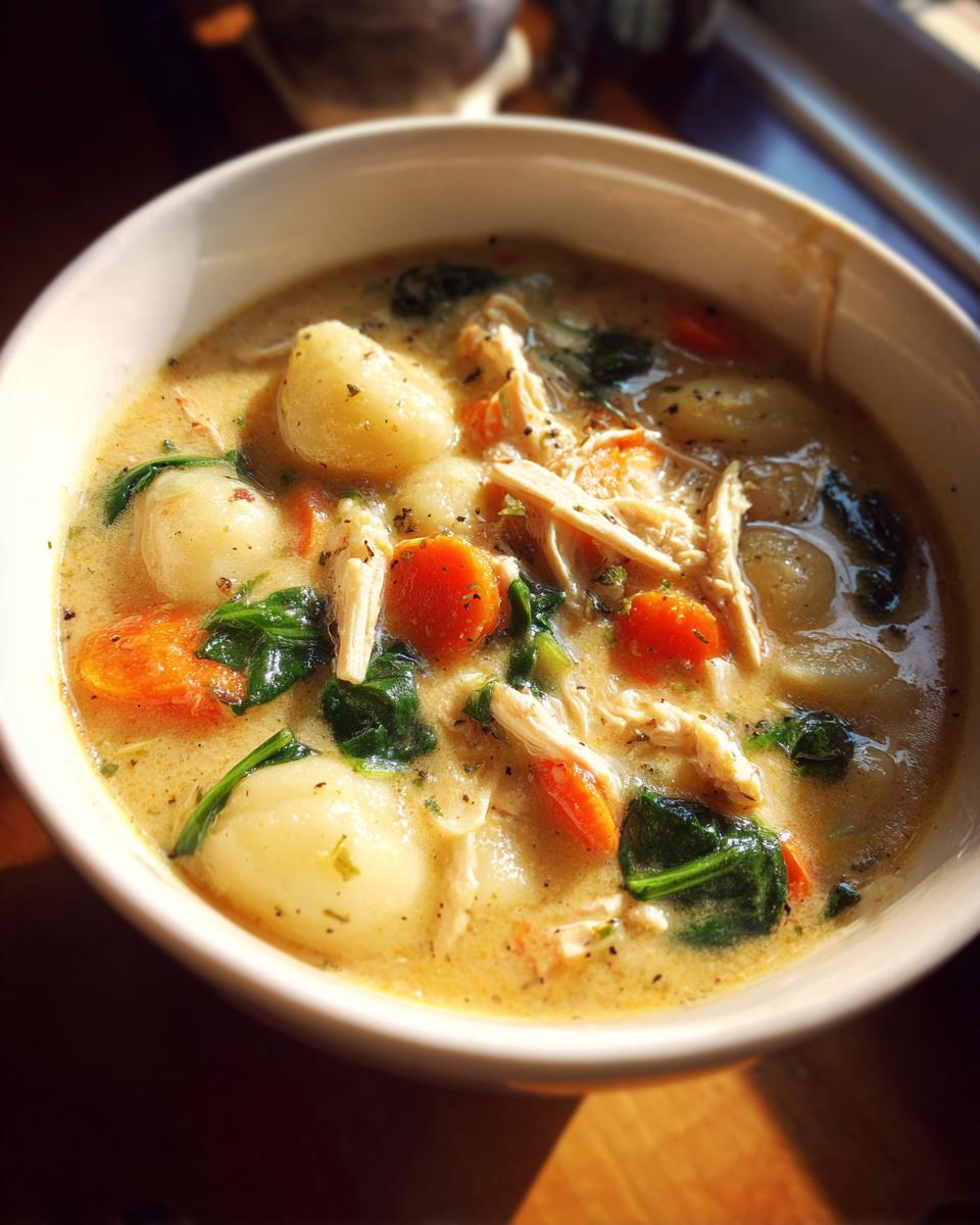 Close-up of a hearty bowl of creamy gnocchi soup featuring shredded chicken, bright orange carrots, and dark green spinach.