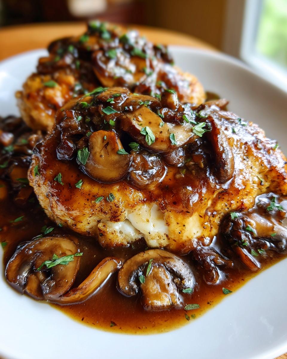 Two servings of perfectly cooked chicken marsala topped with a rich, brown mushroom sauce and fresh parsley.