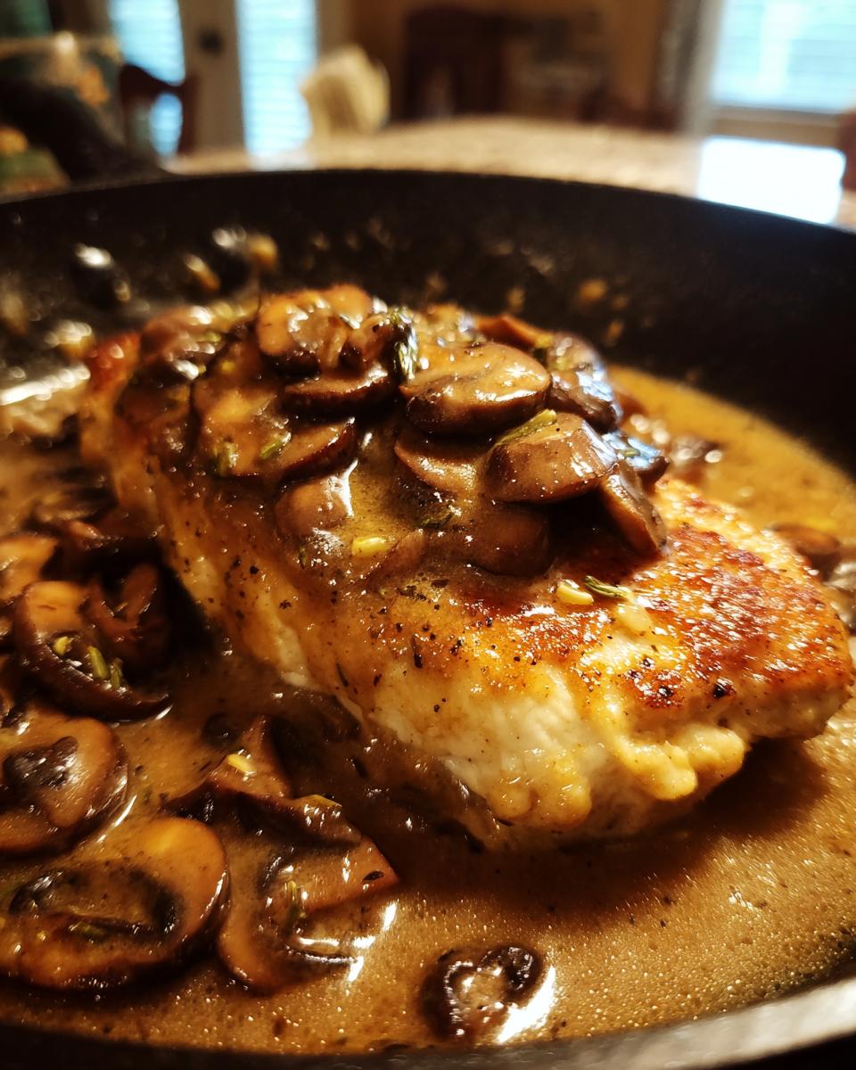 Close-up of a perfectly seared chicken breast smothered in a rich, creamy sauce and sliced mushrooms for chicken marsala.