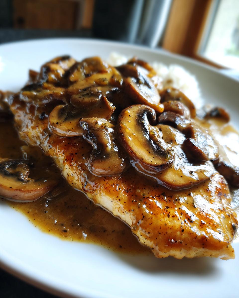 Close-up of a perfectly cooked chicken marsala breast covered in rich, creamy mushroom sauce.