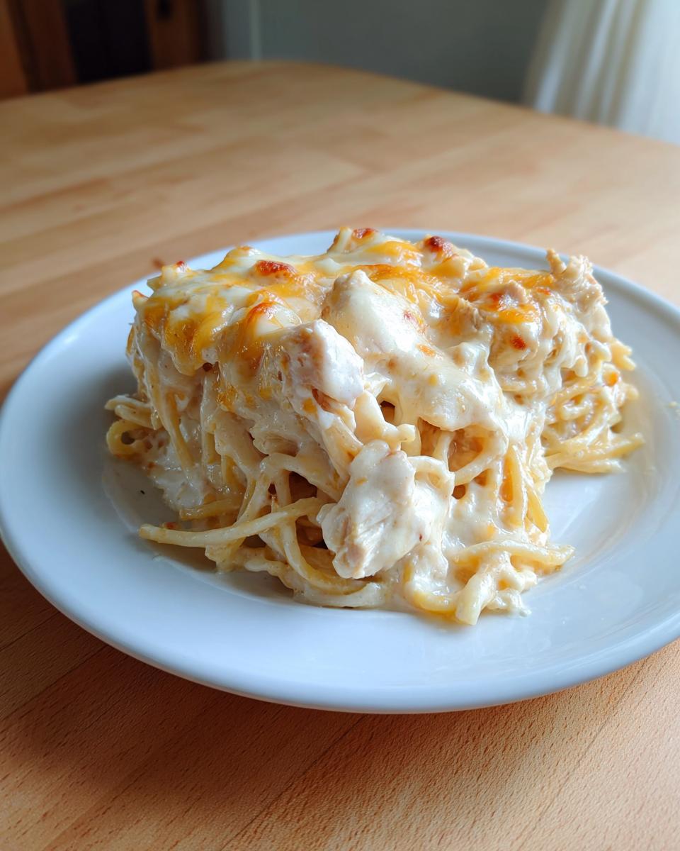 A generous serving of creamy chicken spaghetti topped with melted, slightly browned cheese on a white plate.