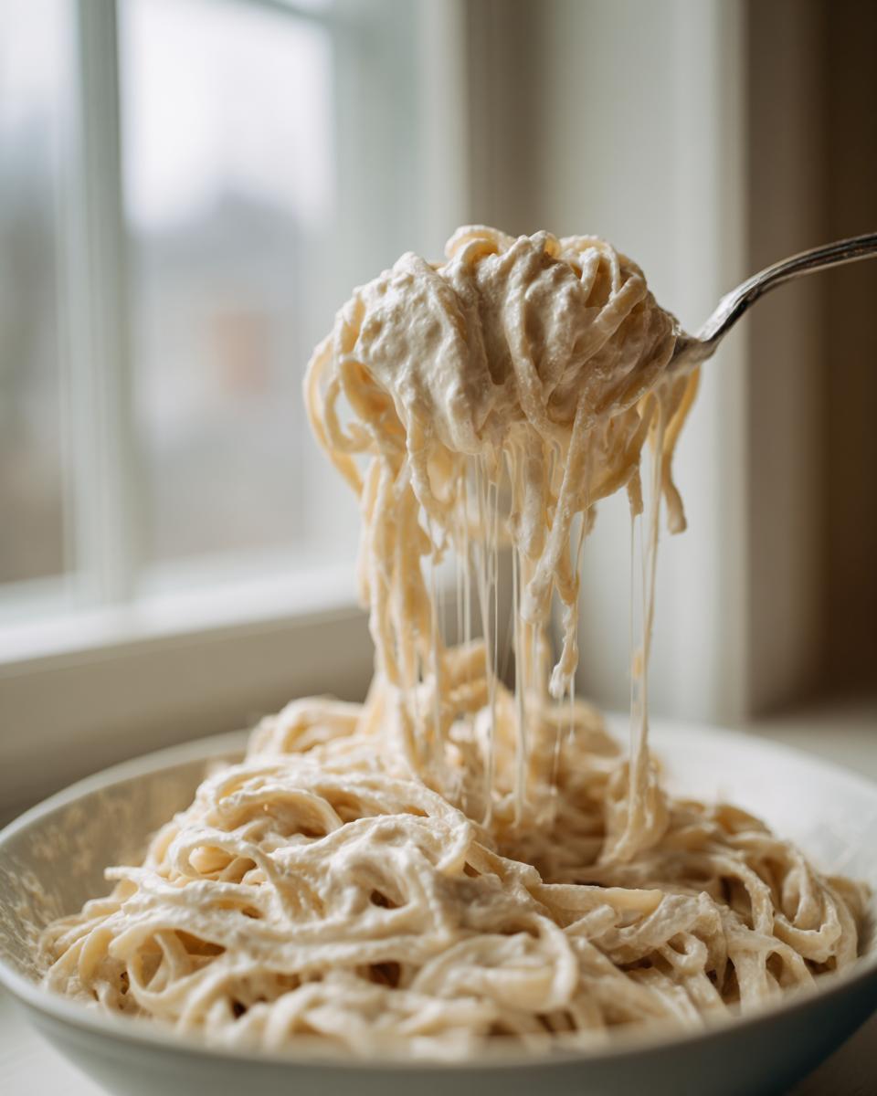 A fork lifts creamy spaghetti coated in rich cottage cheese alfredo sauce, showing drips back into the bowl.