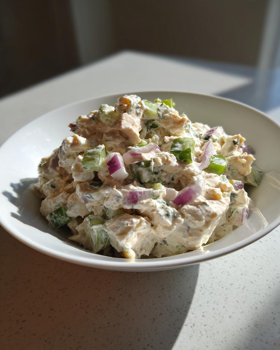 A close-up of creamy cottage cheese tuna salad mixed with chopped celery and red onion in a white bowl.