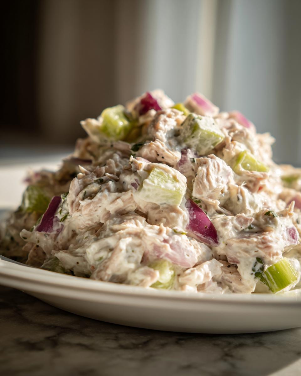 A mound of creamy cottage cheese tuna salad mixed with chopped celery and red onion on a white plate.