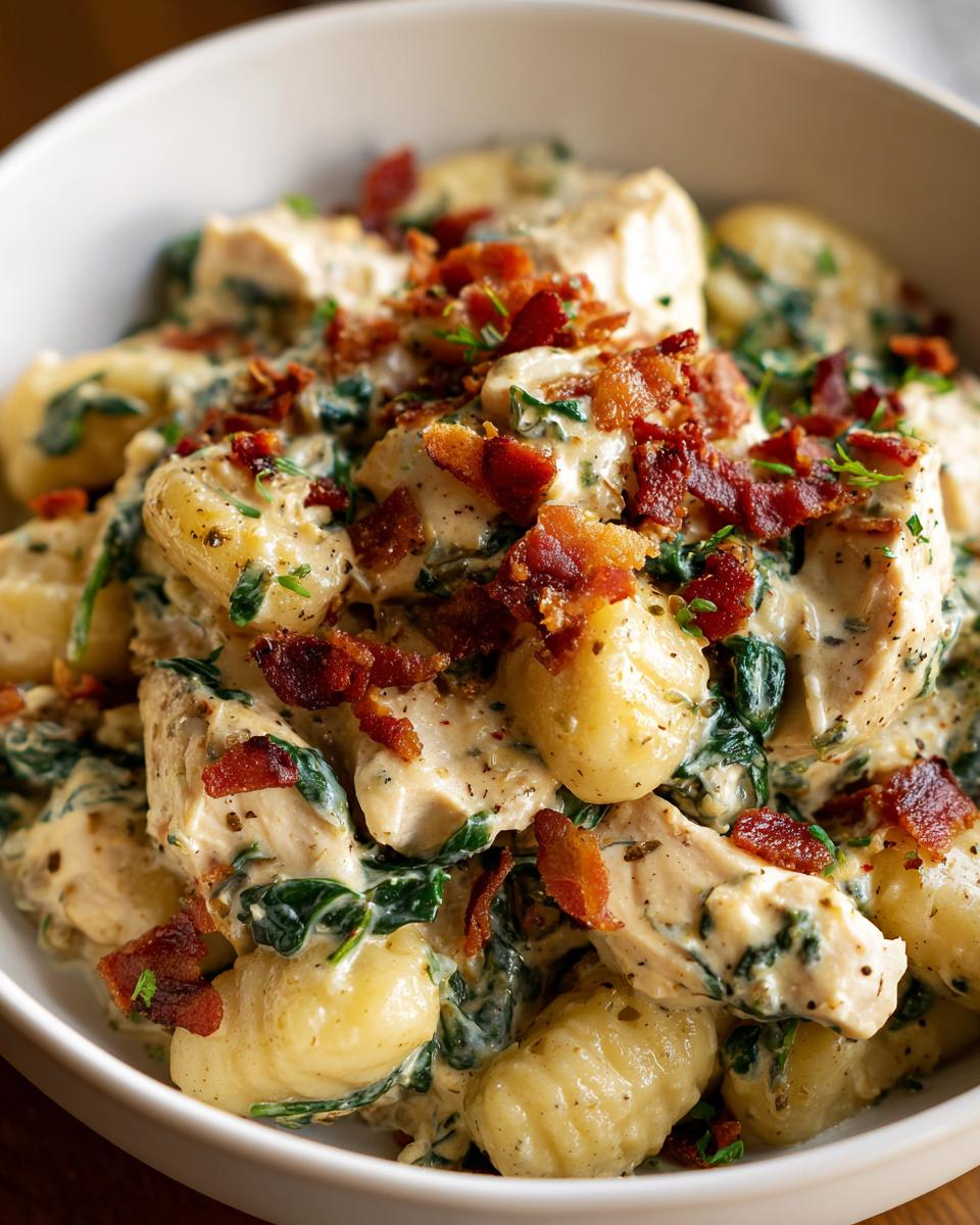 Close-up of creamy crack chicken gnocchi tossed in a rich sauce with spinach and topped with crispy bacon bits.