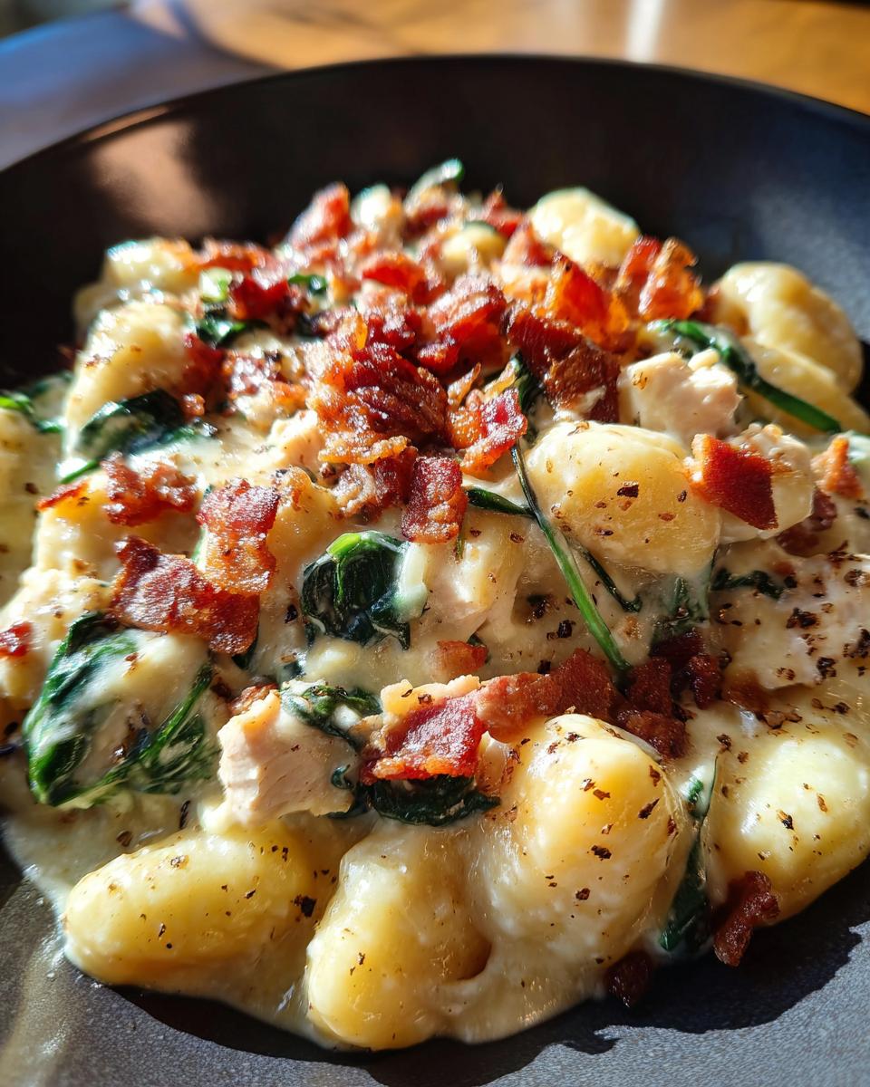 A close-up view of creamy crack chicken gnocchi tossed in a rich sauce, topped with crumbled bacon and spinach.