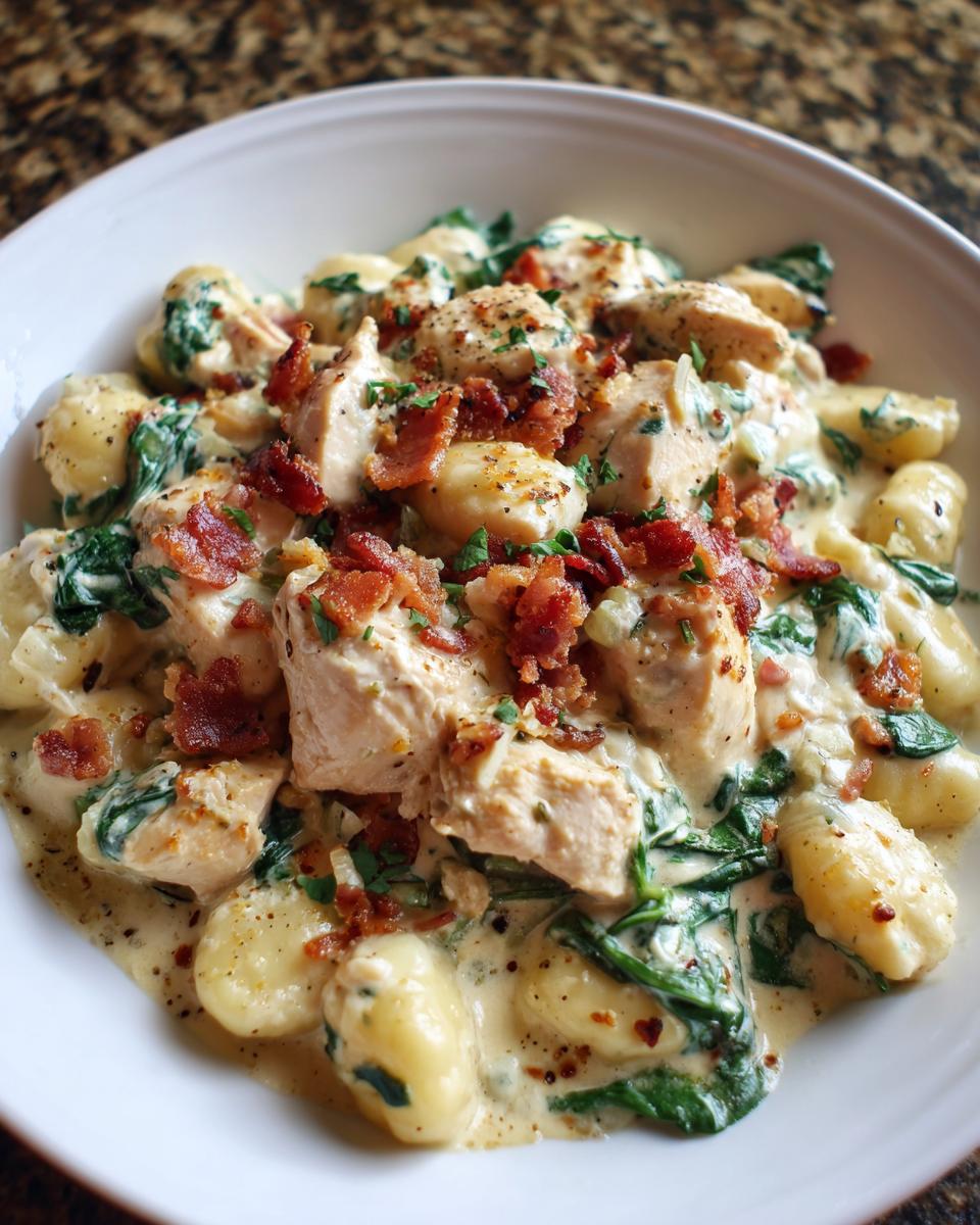 A close-up of creamy crack chicken gnocchi mixed with spinach and topped with crumbled bacon.