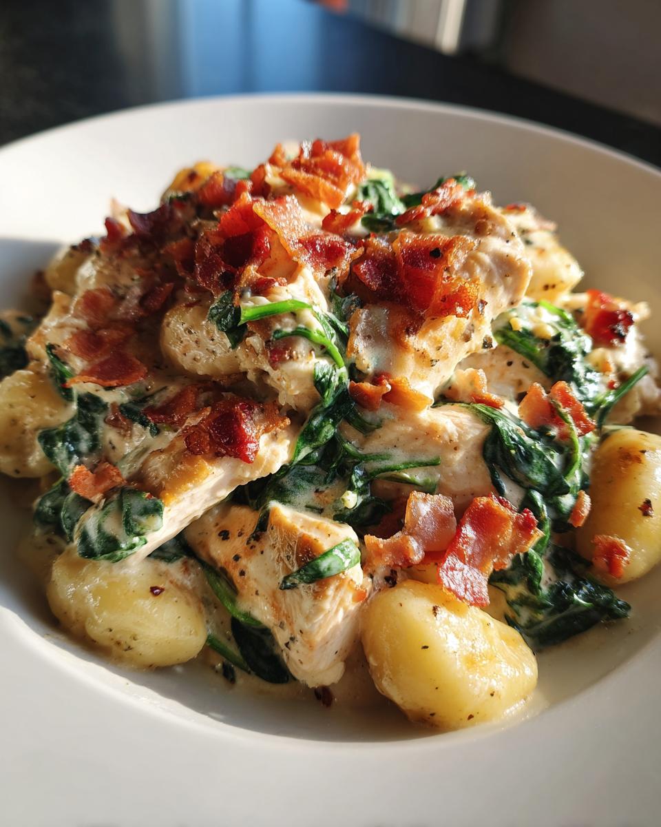 A close-up of creamy crack chicken gnocchi featuring chicken pieces, spinach, and bacon crumbles in a white bowl.