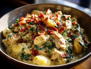 Close-up of creamy crack chicken gnocchi topped with crispy bacon bits and black pepper.