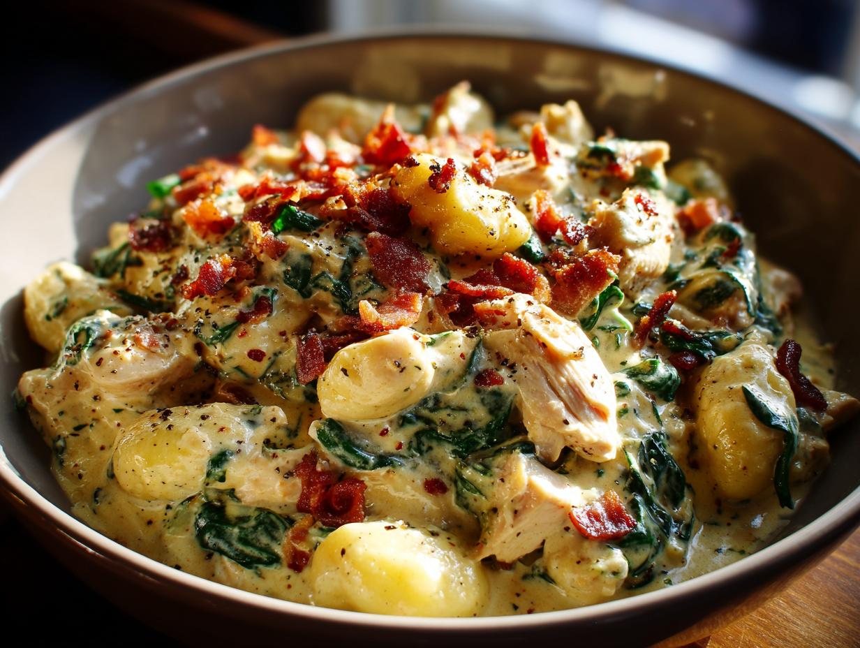 Close-up of creamy crack chicken gnocchi topped with crispy bacon bits and black pepper.
