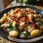 Close-up of creamy crack chicken gnocchi featuring tender chicken pieces, spinach, and crispy bacon crumbles.