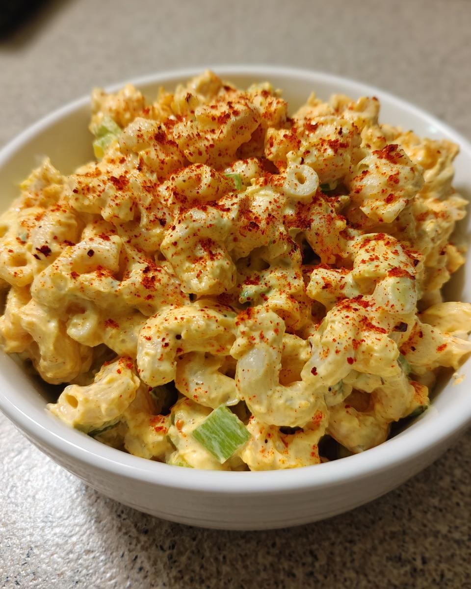 Close-up of creamy deviled egg pasta salad in a white bowl, topped generously with paprika.