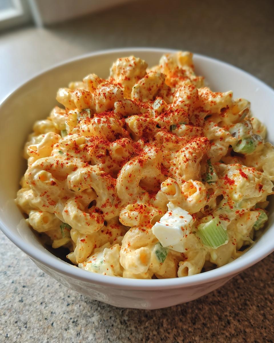 Close-up of creamy deviled egg pasta salad in a white bowl, topped generously with bright red paprika.