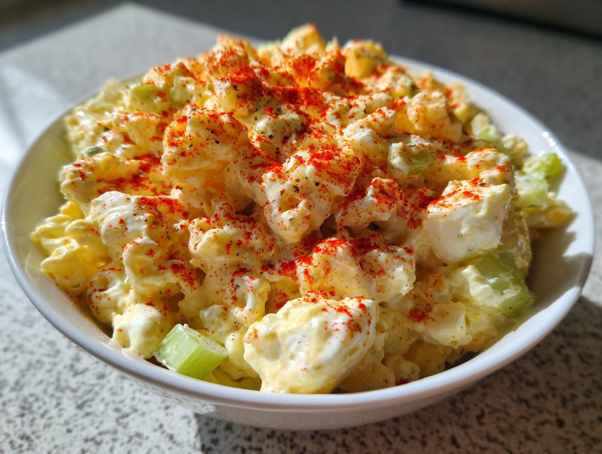 Close-up of creamy deviled egg pasta salad topped generously with bright red paprika.