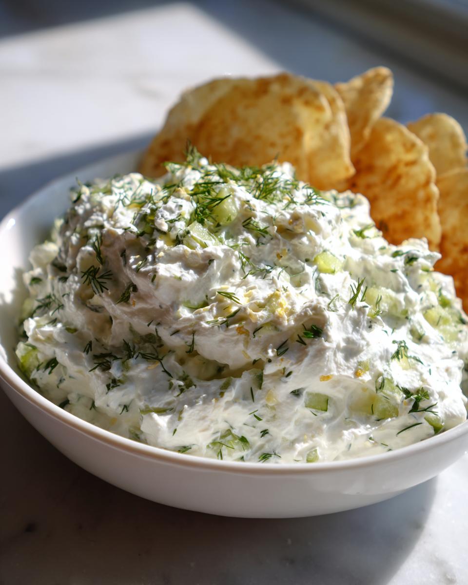 Close-up of creamy dill pickle dip topped with fresh dill, served with potato chips.