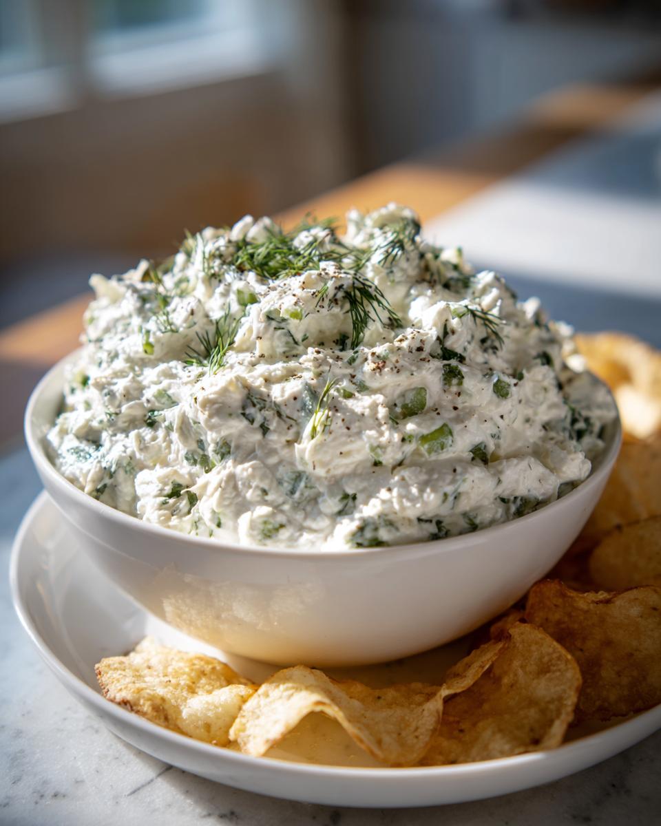 A white bowl filled with creamy dill pickle dip, garnished with fresh dill and pepper, served alongside potato chips.
