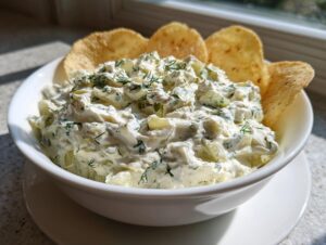 A bowl of creamy dill pickle dip topped with fresh dill, served with tortilla chips.