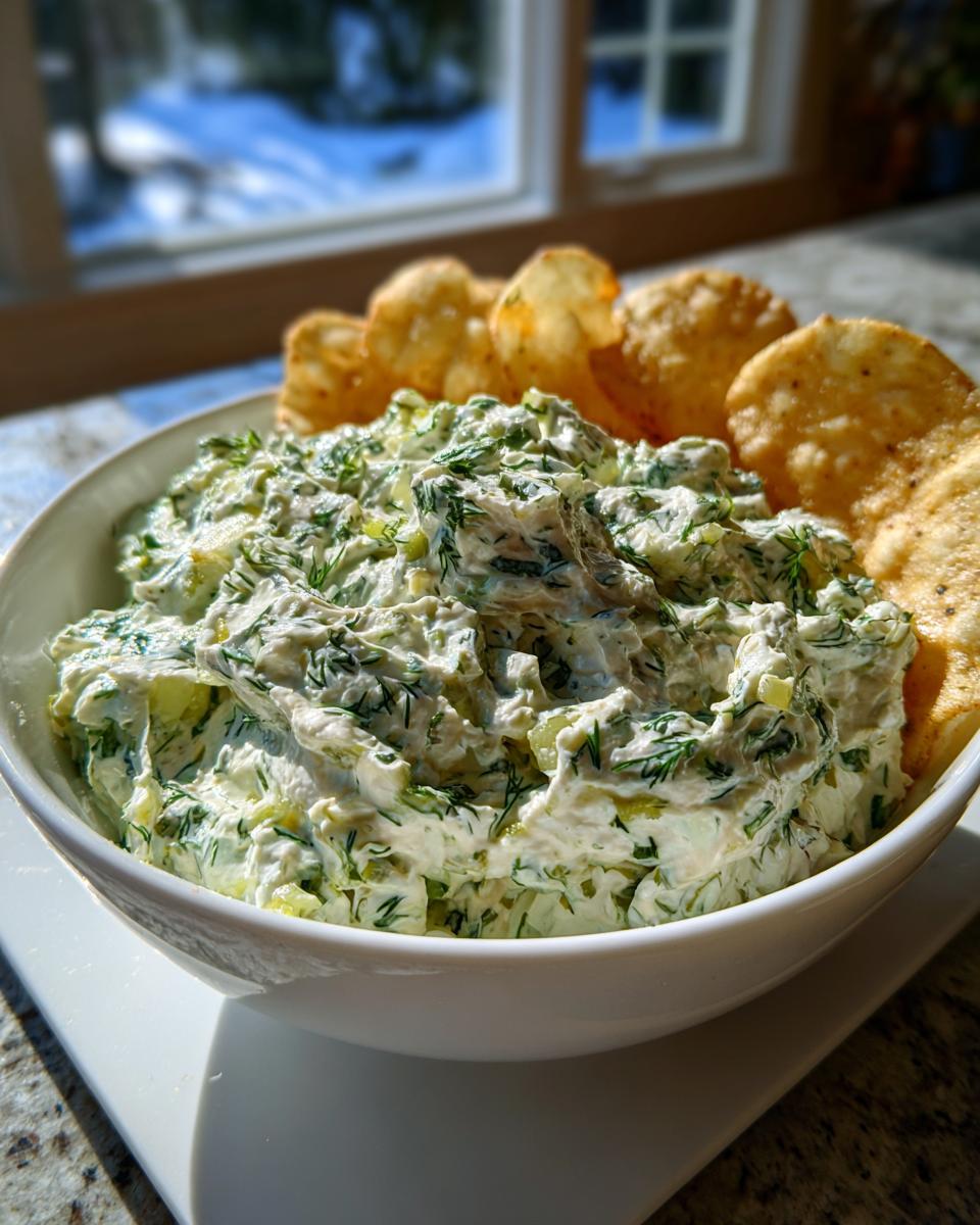 A white bowl filled with creamy dill pickle dip, garnished with fresh dill and served with round crackers.