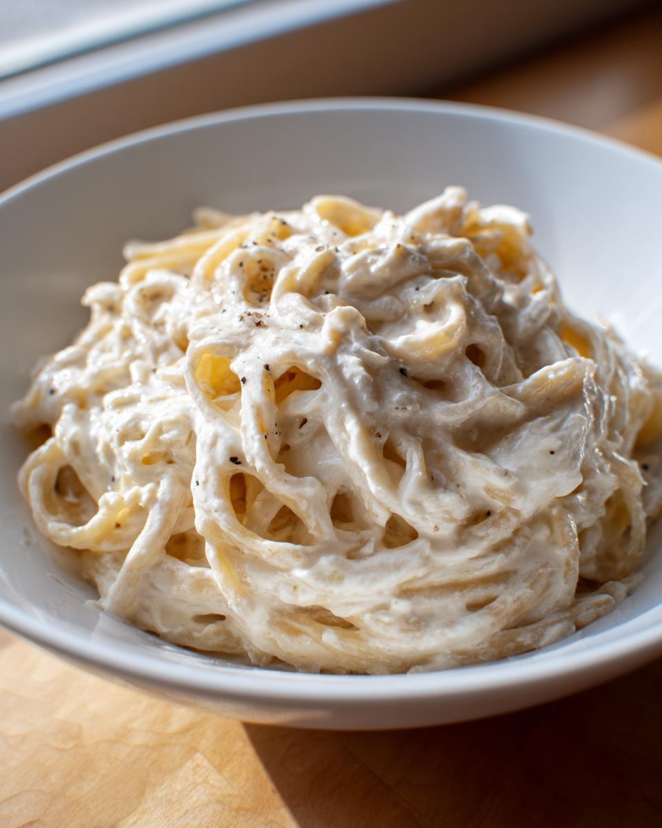 Close-up of pasta heavily coated in creamy cottage cheese alfredo sauce, topped with black pepper.