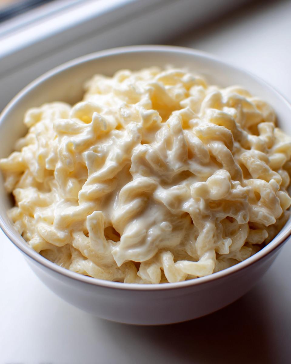 Close-up of spiral pasta coated in a rich, creamy cottage cheese alfredo sauce in a white bowl.