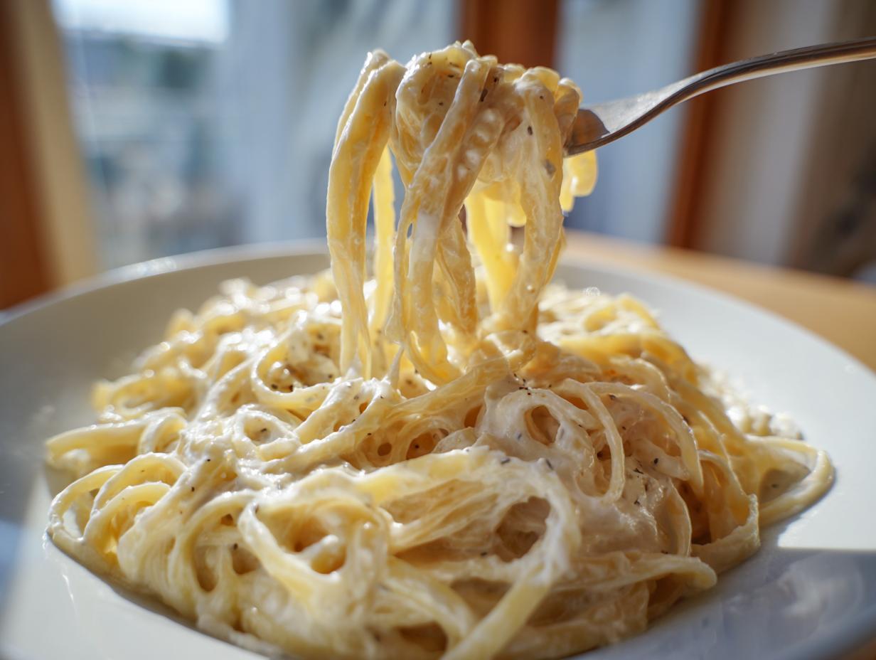 A fork lifting creamy pasta coated in rich cottage cheese alfredo sauce, seasoned with black pepper.
