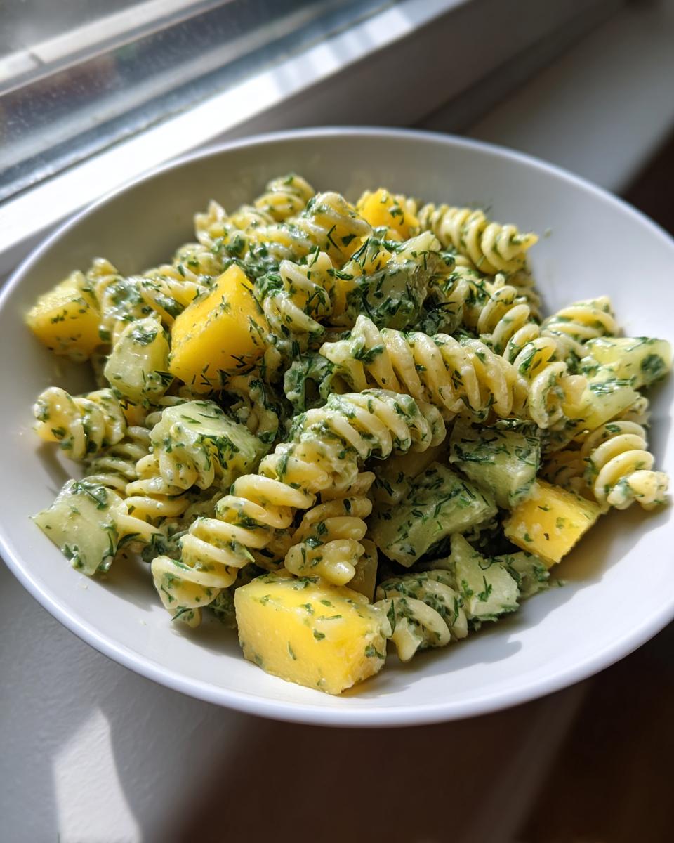 Close-up of creamy pickle pasta salad featuring rotini pasta, chopped pickles, and dill in a white bowl.