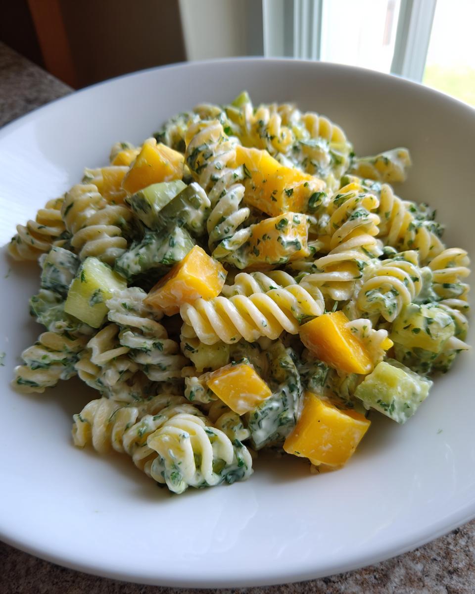 Close-up of creamy pickle pasta salad featuring rotini pasta, green dill, and bright yellow pickle chunks in a white bowl.