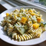 Close-up of creamy pickle pasta salad made with rotini pasta, cucumbers, yellow peppers, and fresh dill.
