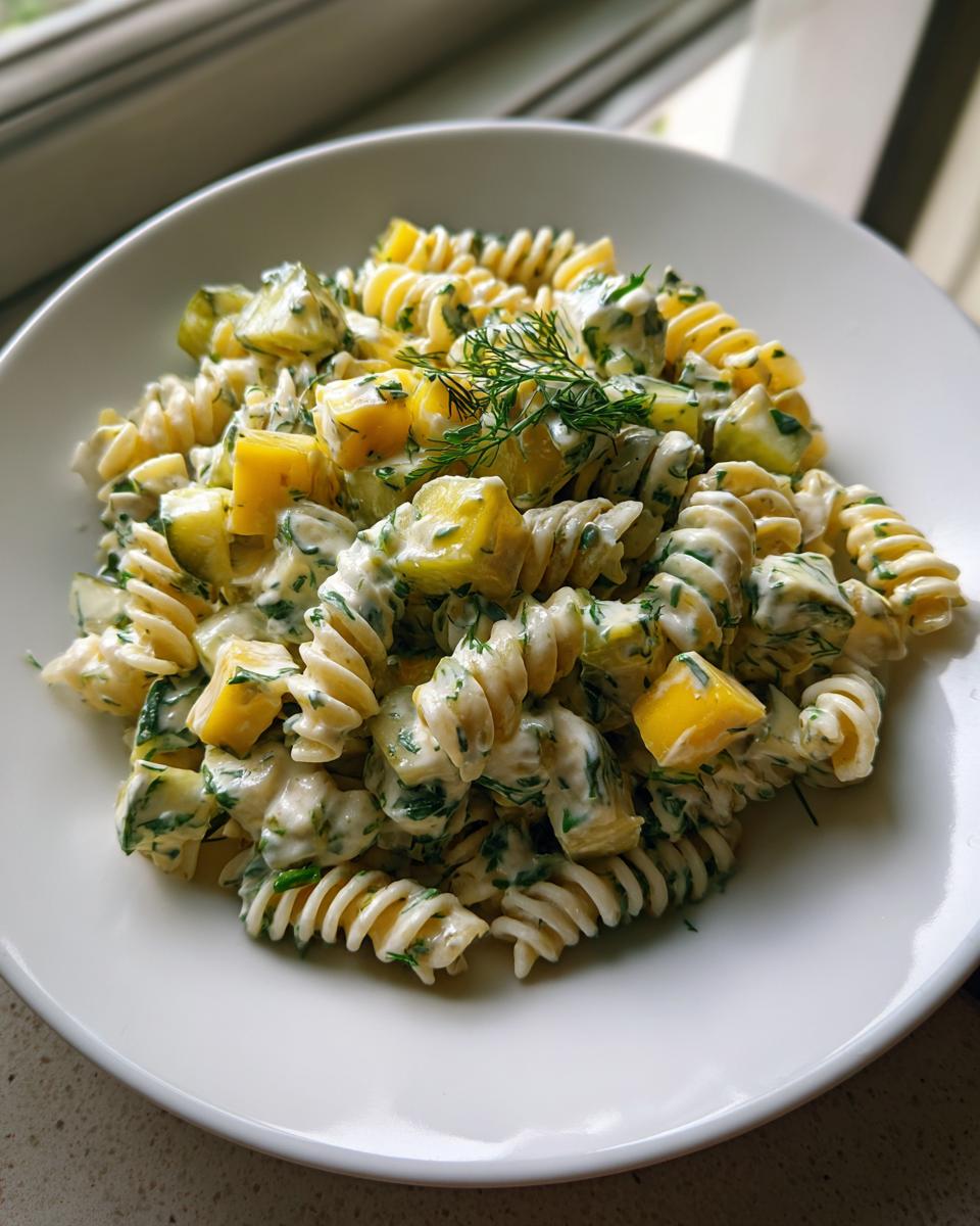 A serving of creamy pickle pasta salad made with fusilli, yellow pickles, and fresh dill garnish.