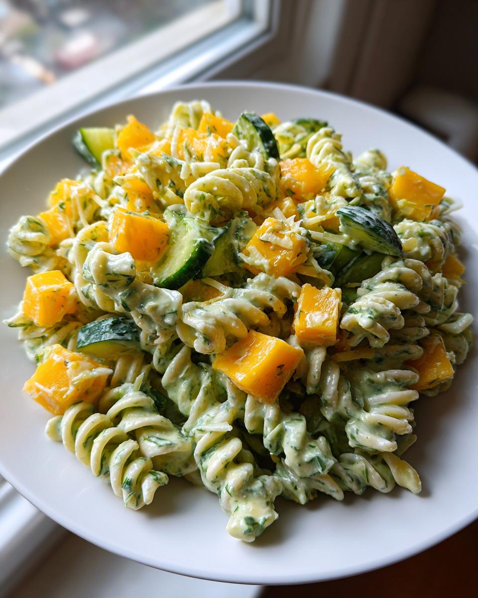 A close-up of creamy pickle pasta salad featuring rotini pasta, bright yellow bell pepper chunks, and sliced cucumber.