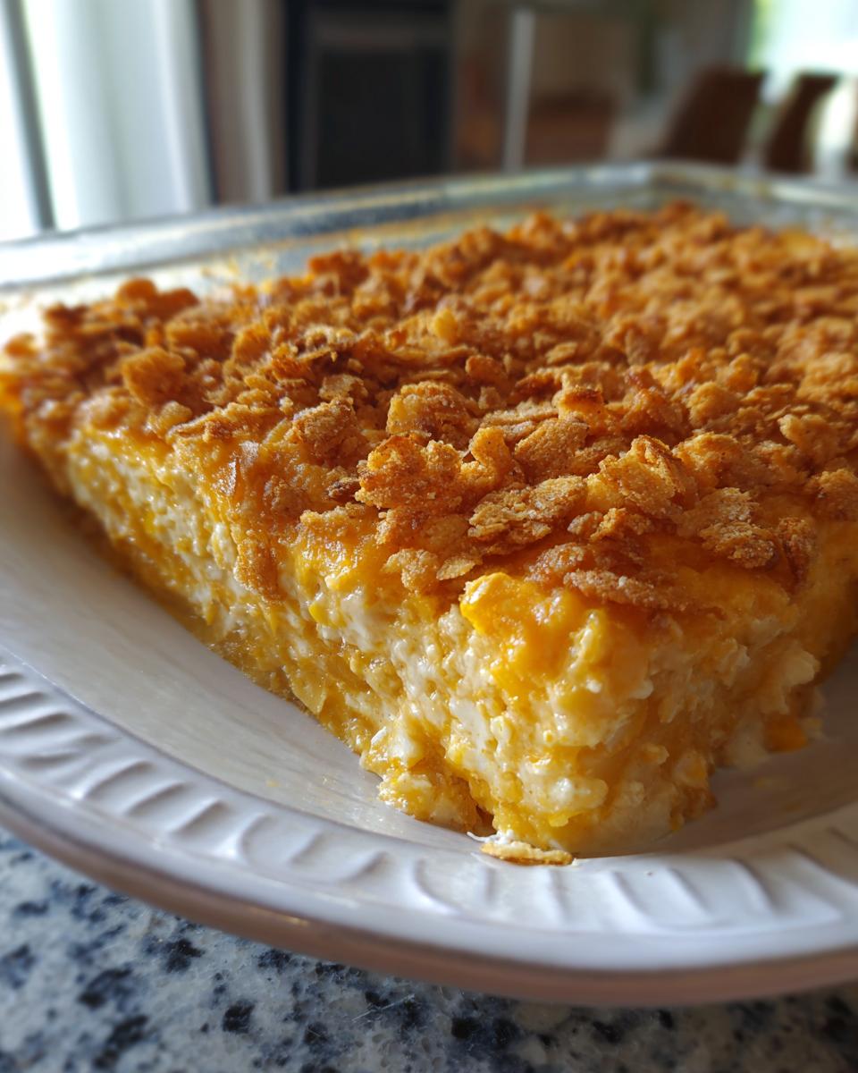 A close-up of a creamy, orange and white squash casserole slice topped with crunchy, golden cornflakes.