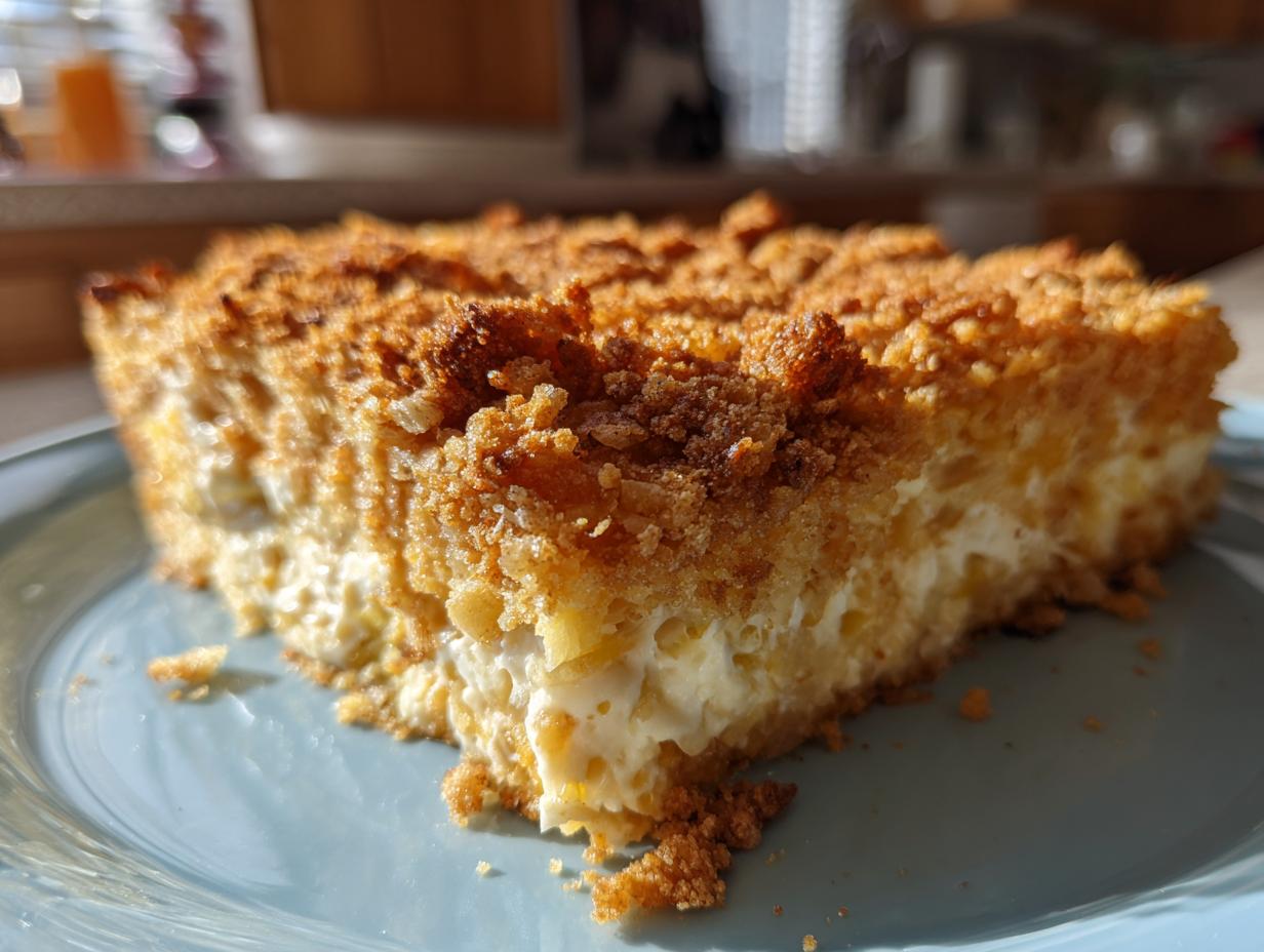 Close-up of a thick slice of creamy squash casserole topped with a golden brown, crunchy crumb topping.