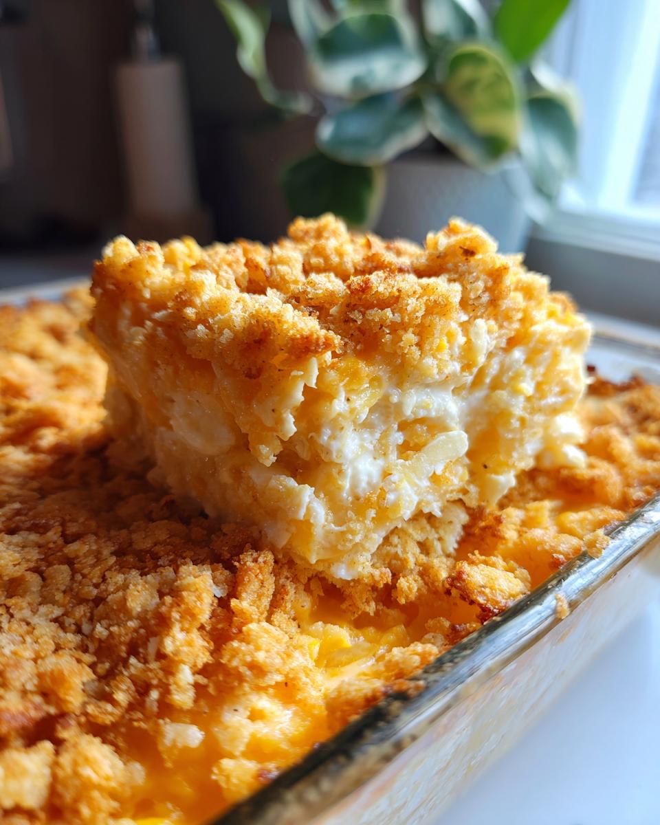 A close-up shot of a creamy, baked squash casserole slice with a golden, crumbly topping.