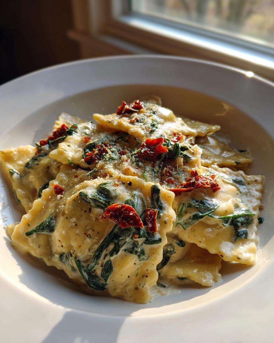 Close-up of creamy Tuscan ravioli topped with spinach, sun-dried tomatoes, and Parmesan cheese.