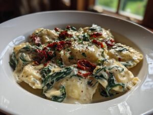 Close-up of creamy Tuscan ravioli tossed in a rich cream sauce with wilted spinach and sun-dried tomatoes.